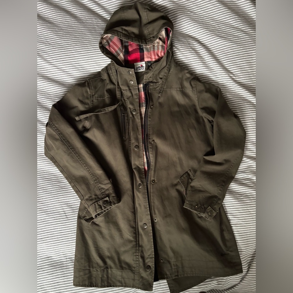 Kavu Warm Olive Green Long Jacket with Red Plaid Lining, 3 pockets, size Small
